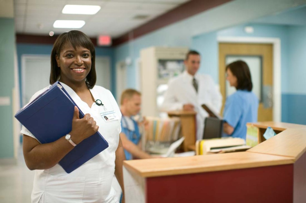 nurse in hospital reception area