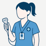Flat-style icon of a female ultrasound student with ponytail, holding an ultrasound probe, wearing blue scrubs with a medical cross emblem and student ID badge — close-up chest-up view on light background.