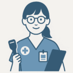 Icon of a female sonographer holding an ultrasound probe, wearing medical scrubs with a cross emblem — simple flat-style graphic in blue and gray.